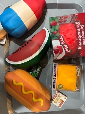 NEW! Squishy Lot Of 5! Hot Dog Watermelon Rocket Pop Strawberry Cheese. Viral!